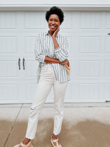 This striped shirt is the cutest!!! I also got the matching shorts. The straight white off white jeans are perfect- size down for a snug fit (they stretch). OOTD, matching shorts set, striped shirt, summer purse, straw bag, fisherman sandals, madewell, Walmart finds, Walmart fashion 

#LTKunder100 #LTKitbag #LTKunder50