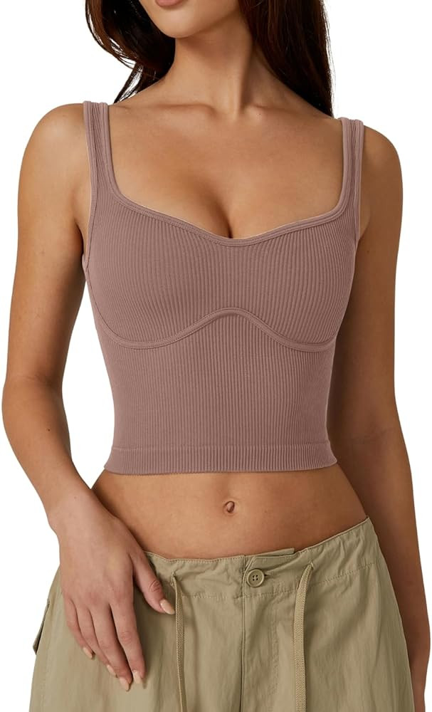 QINSEN Womens Sleeveless Cropped Rib Knit Seamless Sweetheart Neckline Going Out Tank Tops | Amazon (US)