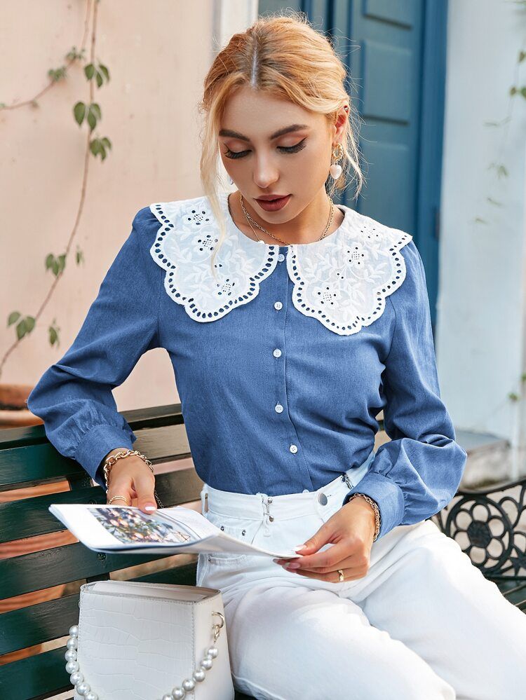 Simplee Contrast Eyelet Embroidery Statement Collar Blouse | SHEIN