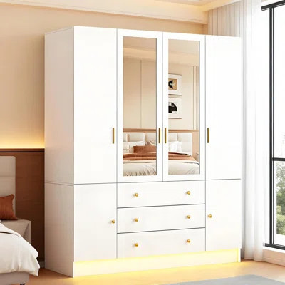 75" Tall 4 Doors Armoire Wardrobe Closet With 3 Drawers, Wooden Wardrobe Cabinet With Led Lights & Mirror, Freestanding Clothing Storage Cabinet With | Wayfair North America