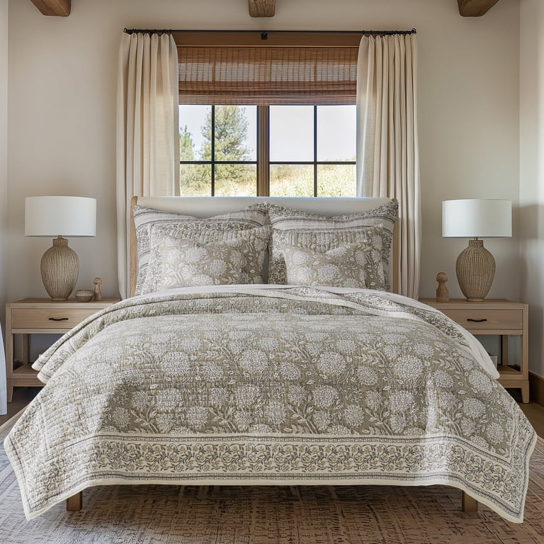 Levtex Home - Adare Taupe Quilt Set - Full/Queen Quilt and Two Standard Shams - Bordered Floral -... | Walmart (US)