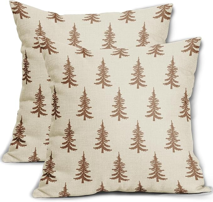 Christmas Tree Pillow Covers 18x18 Set of 2 Brown Xmas Rustic Style Winter Print Decorative Outdo... | Amazon (US)