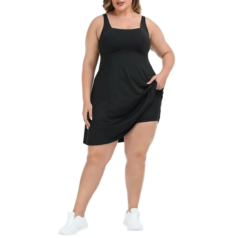 HDE Women Plus Size Workout Dress Built in Shorts & Bra Athletic Dress Black 20 | Walmart (US)