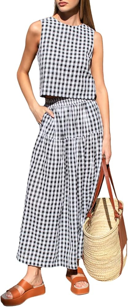 QIBABU Womens Gingham 2 Piece Outfits Casual Sleeveless Crop Top and High Waisted Tiered Skirt Pl... | Amazon (US)