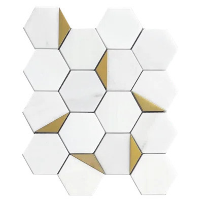 Royal White Hexagon With Gold Accents 12-In X 10-In Polished Marble With Metal Mosaic Wall Tile(0.83-Sq. Ft/ Piece) | Wayfair North America