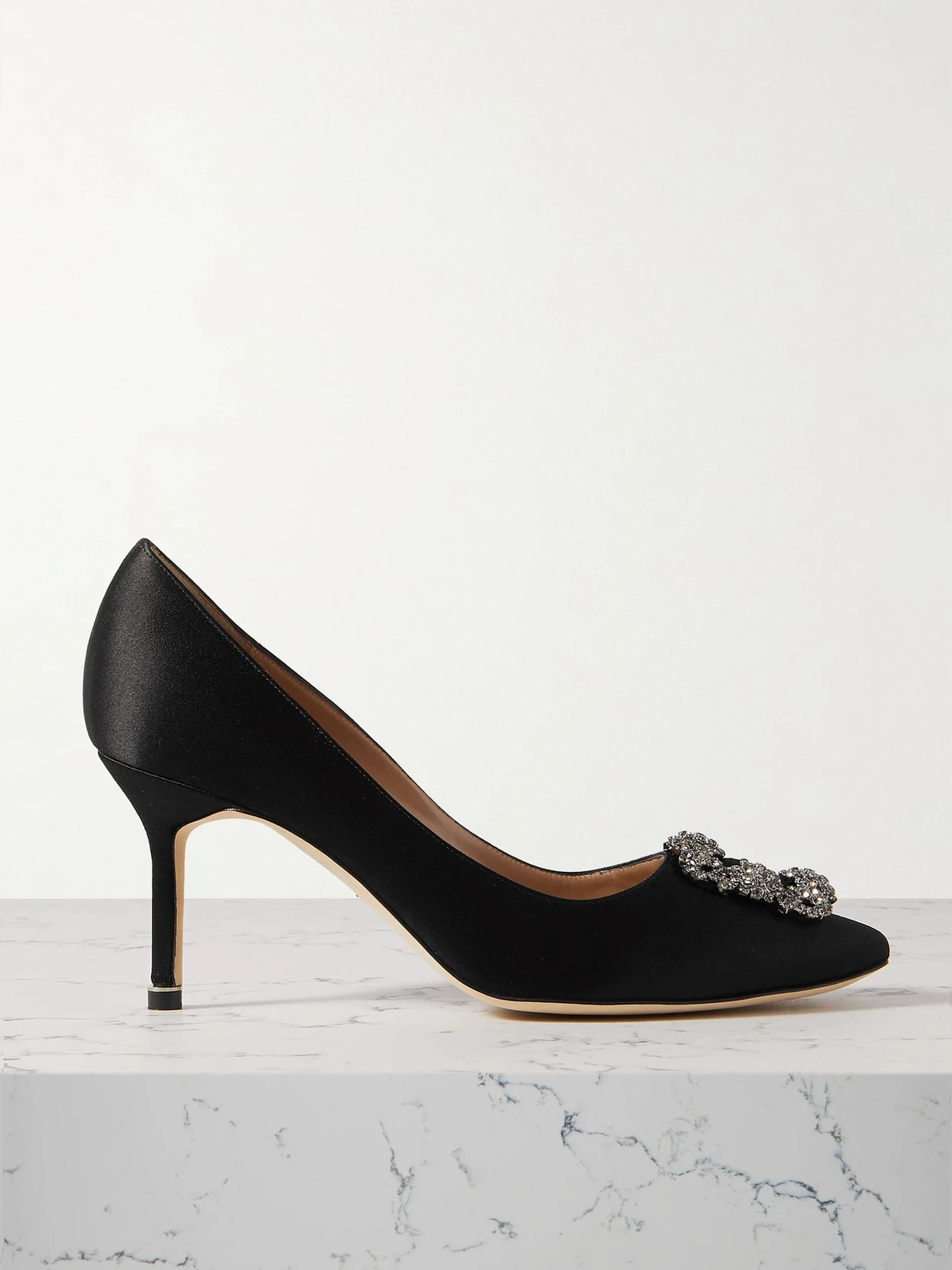 Manolo Blahnik - Hangisi 70 Crystal-embellished Satin Pumps - Black | NET-A-PORTER (US)