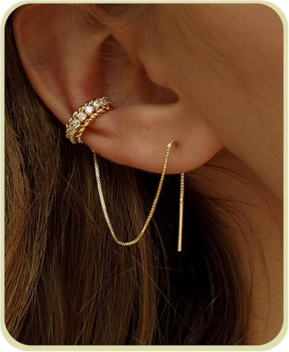 Huggie earrings for women 14k Dainty Gold Earrings Tassel Chain Drop Dangle Small Hoop Earrings S... | Amazon (US)
