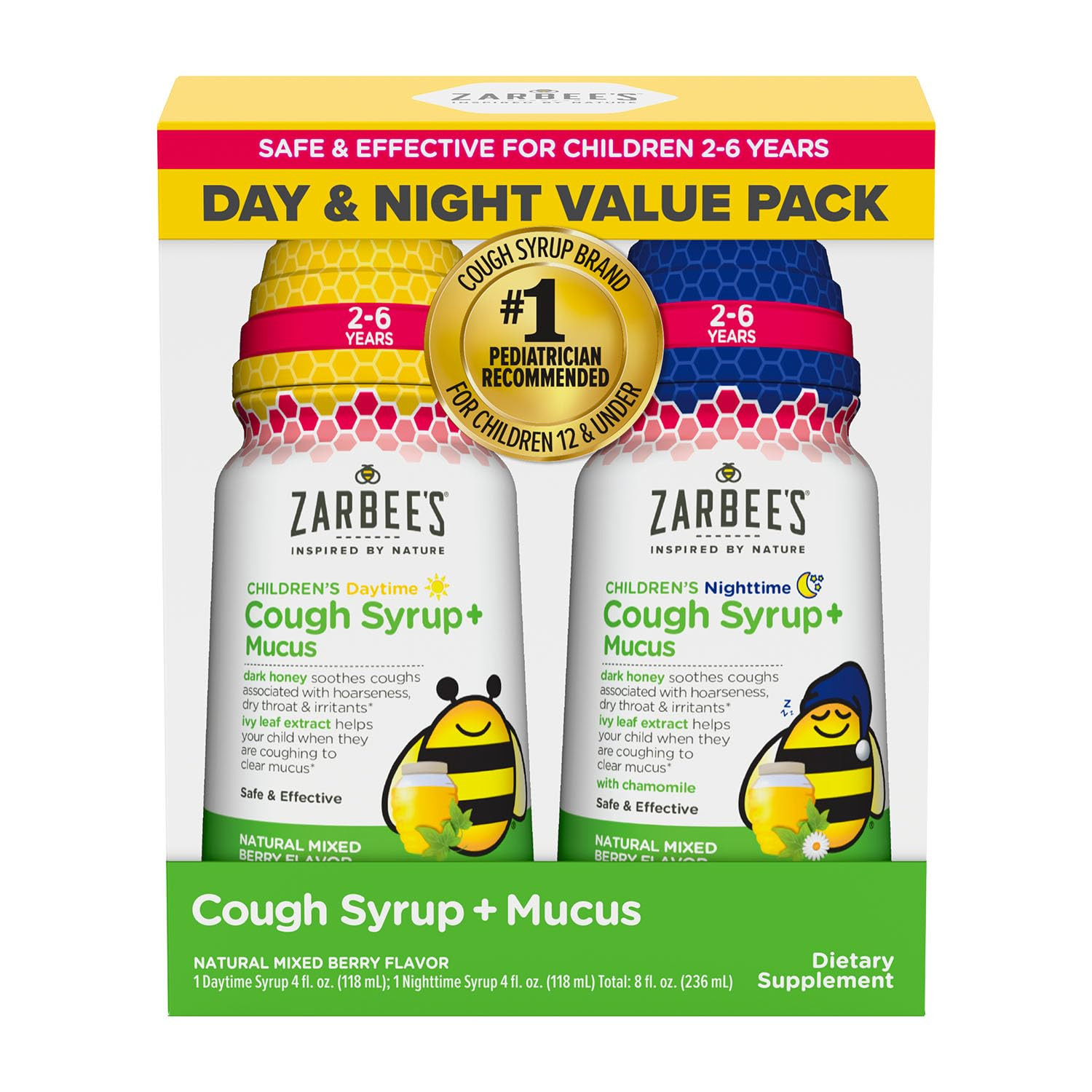 Zarbee's Children's Cough Syrup + Mucus Day & Night Value Pack, Daytime & Nighttime Toddler Cough... | Amazon (US)