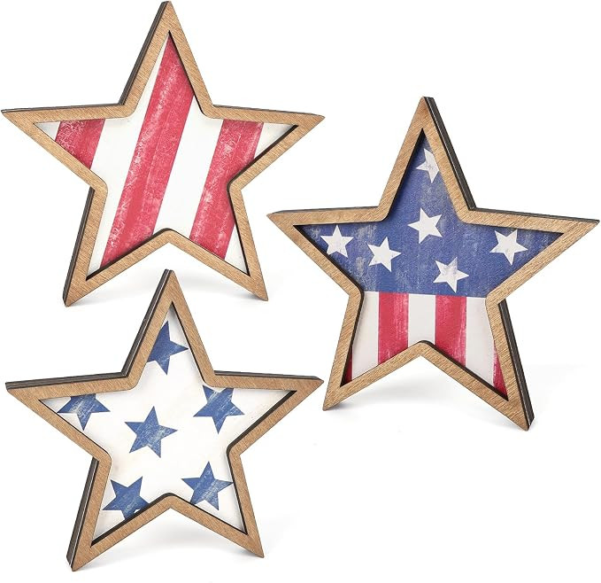 4th of July Decorations Wooden Stars, Patriotic Memorial Day Star Tiered Tray Decor Set of 3, Fou... | Amazon (US)