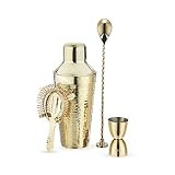 Twine Gold Hammered Barware Set, Stainless Steel Shaker, Jigger, Muddler, Bar Spoon, Hawthorne Strainer, Gold, Set of 4 | Amazon (US)