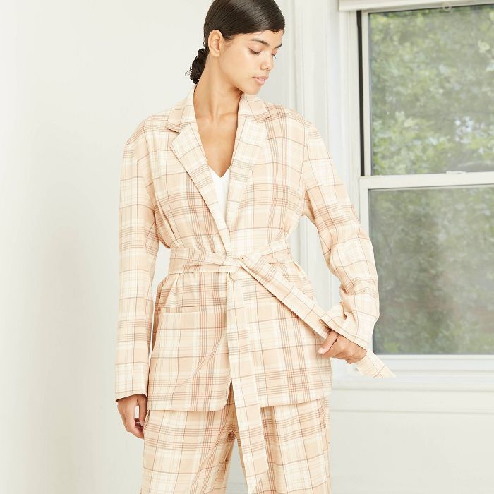Women's Plaid Belted Menswear Blazer - Prologue™ Light Brown | Target