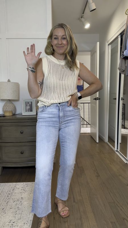 This would only post if I unmuted so enjoy the asmr 😂 I’m truly obsessing over these jeans! They’re true to size, a beautiful light wash and can literally be styled almost any way. I’m in a 29 but I am bloated and gaining weight so a 39 would be more comfortable in the waist I think. Enjoy these 5 outfits I’ve put together!! 
TOPS:
1: open knit; small
2: white sweater tank; medium
3: black peplum; small
4: tan cap sleeve: small
5: white ruffle; medium

#LTKMidsize #LTKStyleTip #LTKFindsUnder50