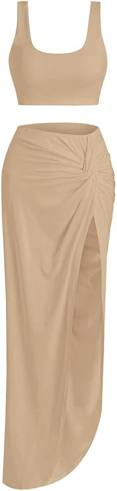 ZAFUL Women's Casual Sleeveless Summer Solid Marled Crop Top and Draped Ruched Maxi Skirt Set Two... | Amazon (US)