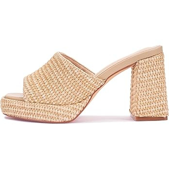 Monrovia Raffia Heeled Sandals for Women，Platform Wedge Slip On Block Heel, Dressy Summer Open ... | Amazon (US)