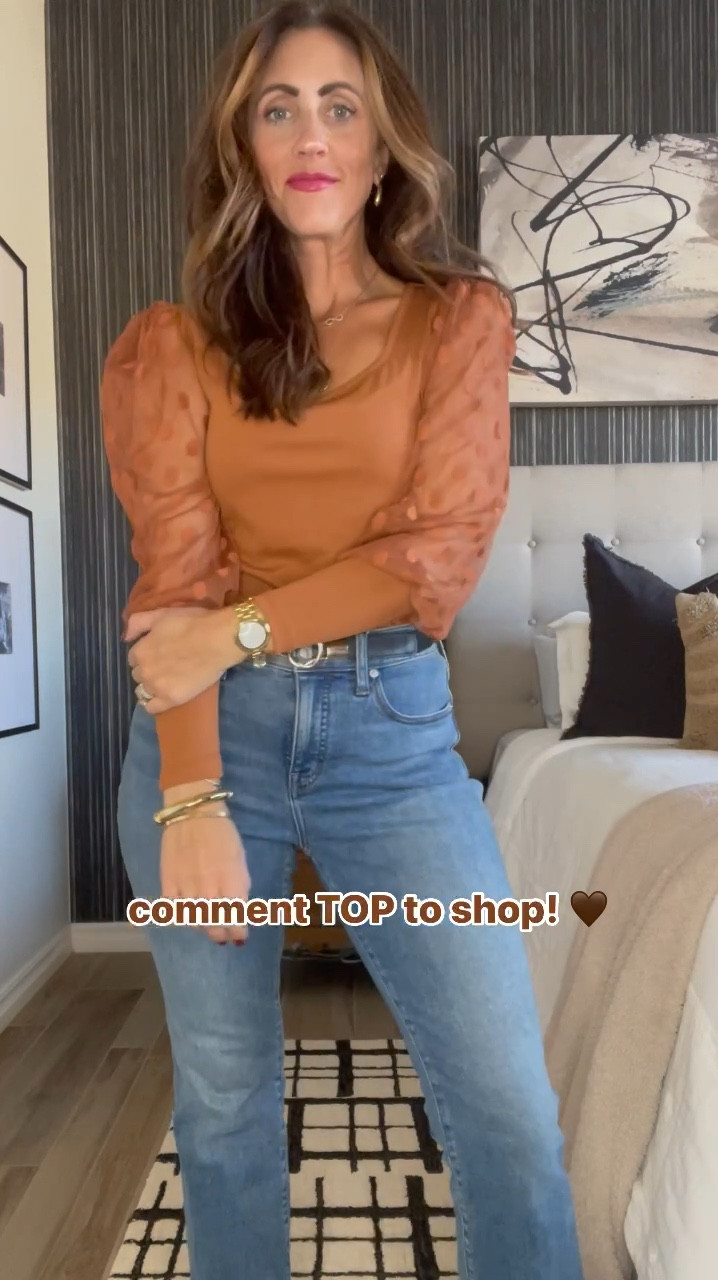 Mesh statement sleeve ribbed top with jeans! 🤎 Thanksgiving outfit idea 🦃🍂🤎

- wearing size small in the top! // comes in 16 colors, size XS - XL
- jeans - size 28 (I sized up)
- patent leather bow kitten heels - size 8 

#LTKVideo 

#LTKStyleTip #LTKFindsUnder50