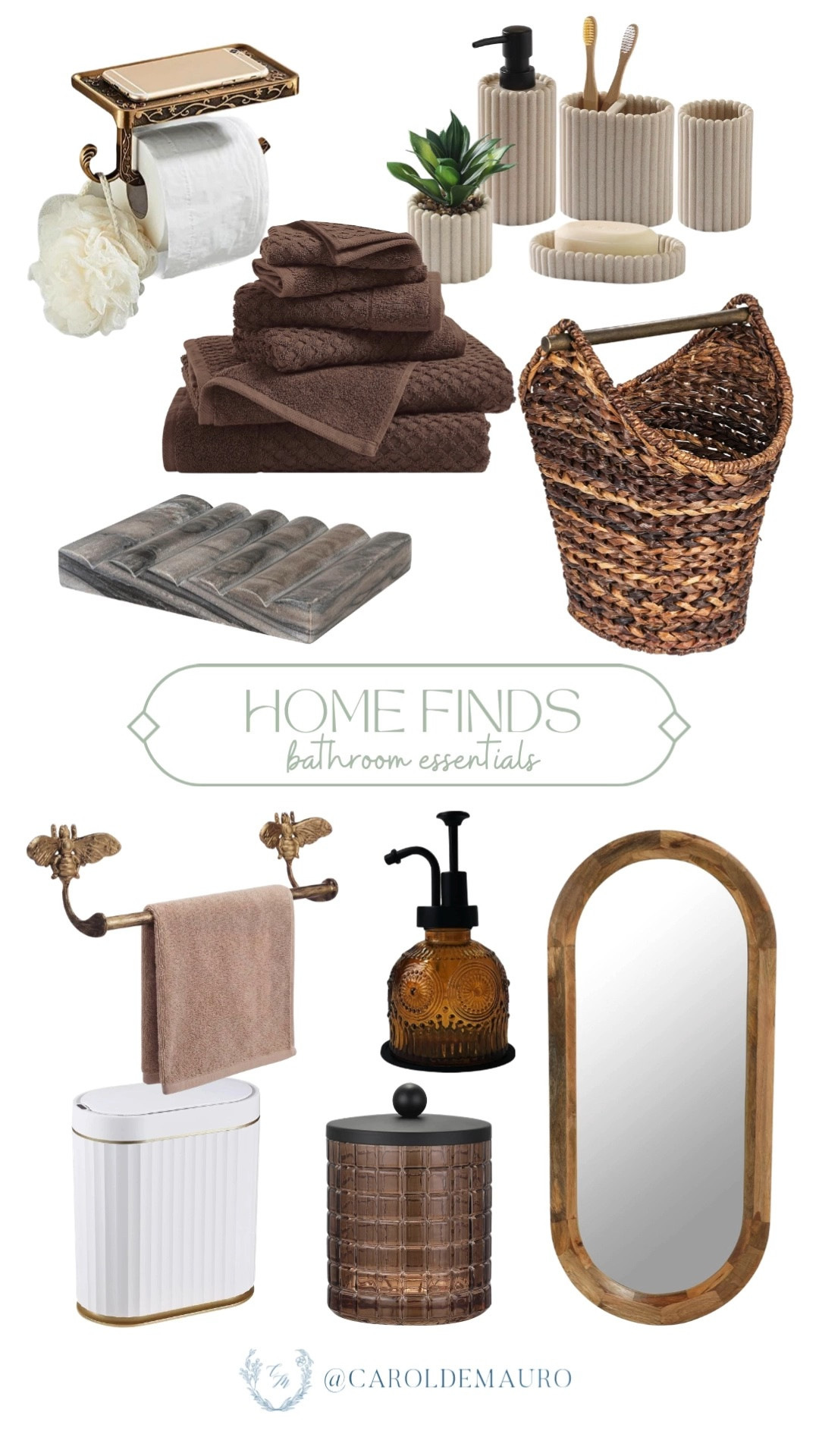 bathroom essentials, home finds, toliet paper holder, vanity countertop accessories, batch towels, woven basket, wall mirror, towel rack, soap dispenser, trash bin, neutral aesthetic, vintage look

#LTKHome