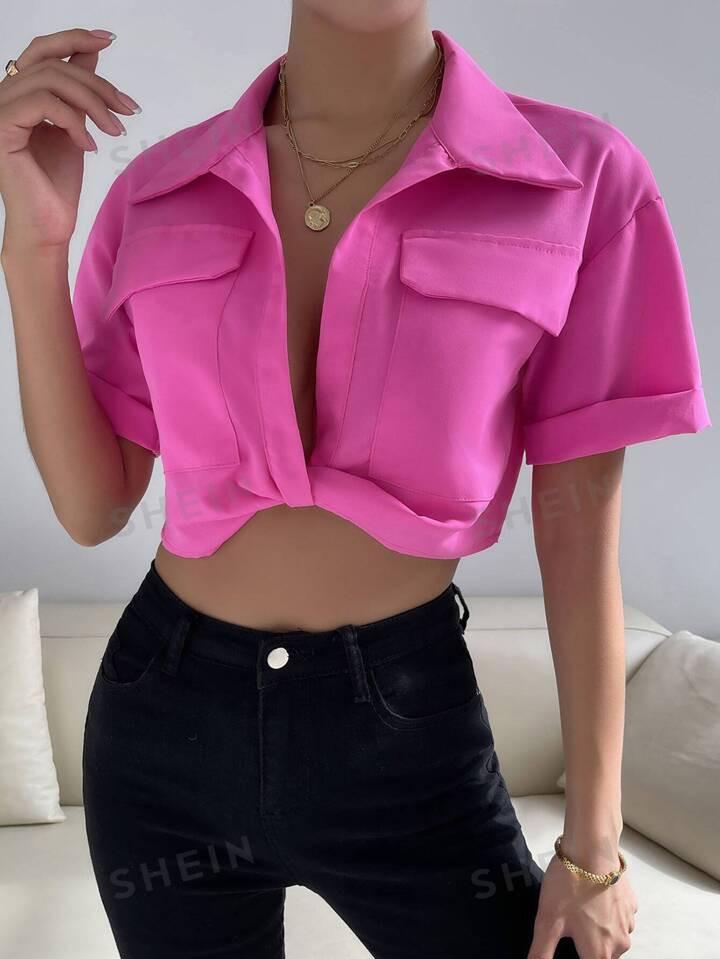 SHEIN Privé Twist Flap Pocket Drop Shoulder Crop Blouse | SHEIN