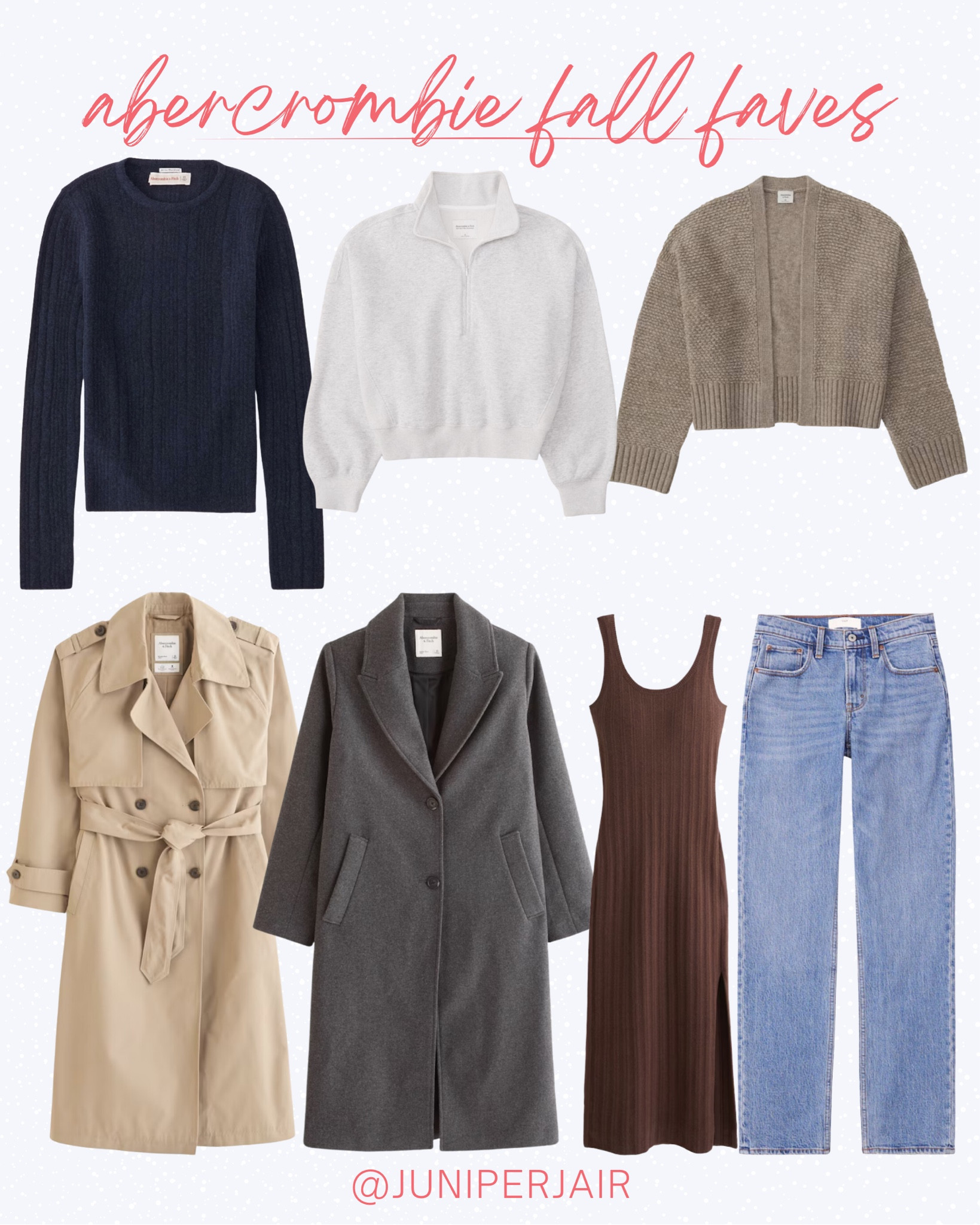 Fall favorites, Abercrombie favorites, Abercrombie sale finds, fall fashion 2023, fall trends 2023, cute fall outfit, crew neck sweater, navy wool sweater, grey cropped quarter zip, beige cropped cardigan, trench coat, trench coat outfit, trench coat look, topcoat, grey topcoat, topcoat on sale, topcoat outfit, brown midi dress, brown wool midi dress. Sleeveless brown midi dress, 90s jeans, mod rise jeans

#LTKunder100 #LTKsalealert #LTKunder50