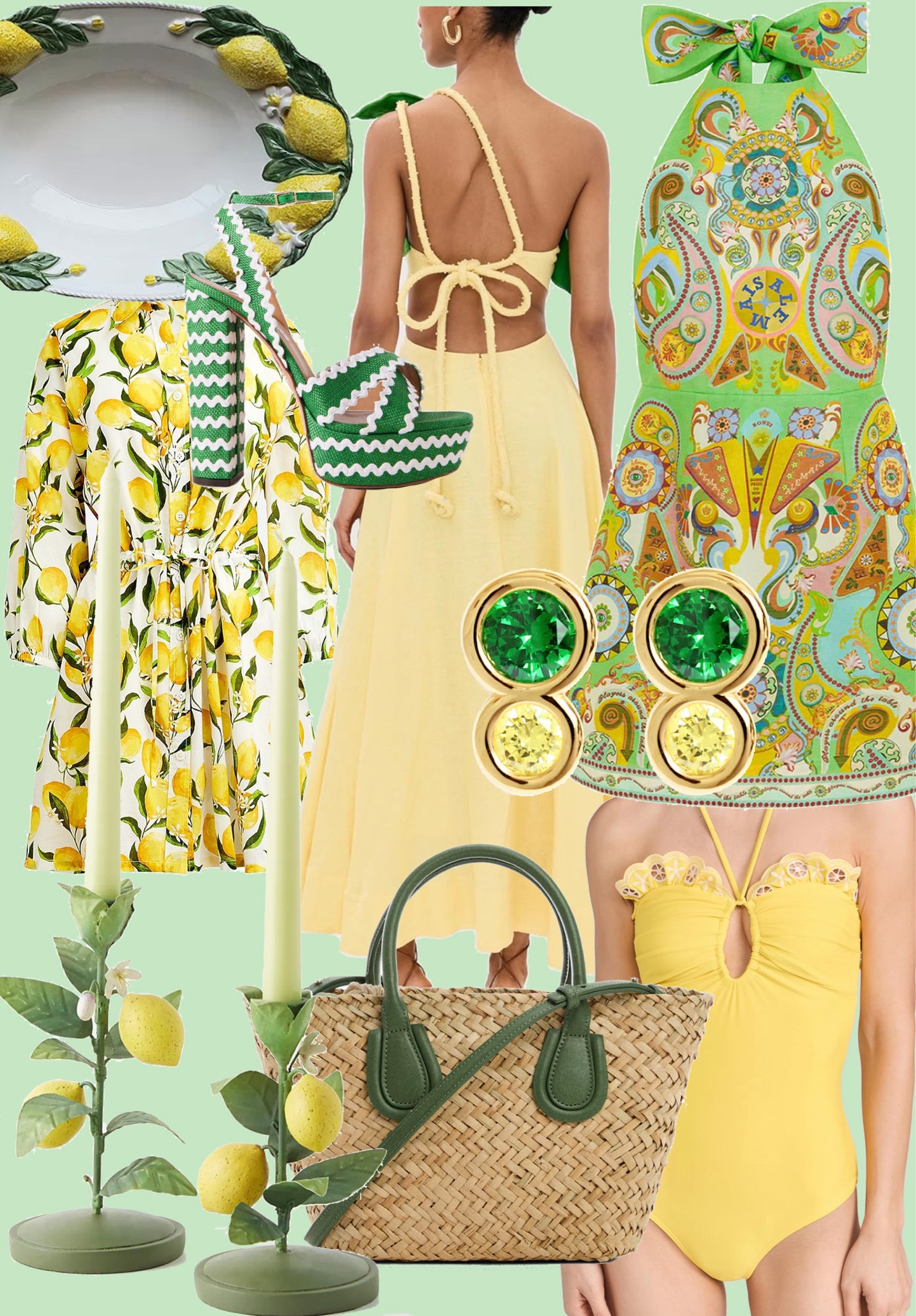 Yellow dress, lemon, green dress, summer dress, summer style, vacation outfit, tabletop, home decor 