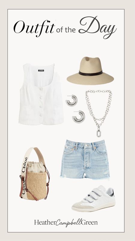 The perfect summer outfits! My favorite denim cut offs, white vest can be dressed up or down for date night or a girls night out, bucket bag favorite fedora on sale now jewelry, best selling sneakers #SummerOutfits #Outfit #OTD #CelebrityStyle

#LTKSaleAlert #LTKFindsUnder100 #LTKStyleTip