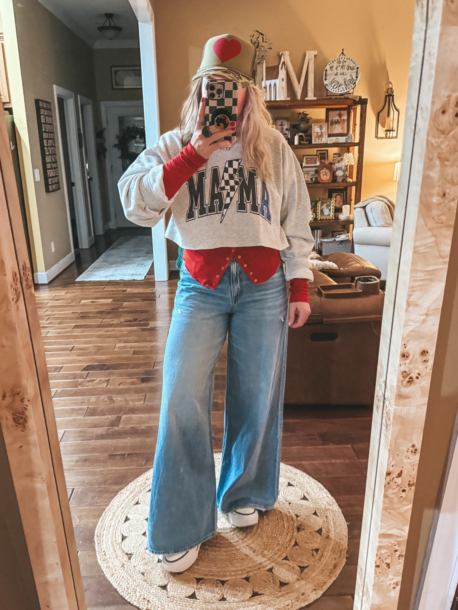 Friday Night Fit ♥️
✂️Sweatshirt older linked similar 
Red waffle knit underneath M
Jeans size 8 


#LTKOver40 #LTKValentine #LTKootd