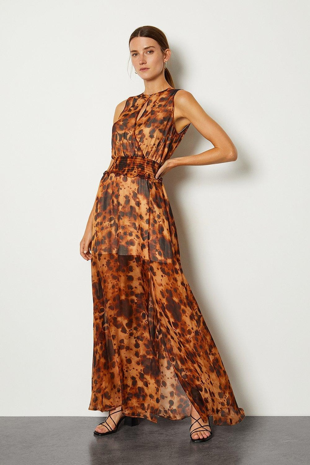 Silk Animal Wrap Front Long Dress | Karen Millen UK & IE