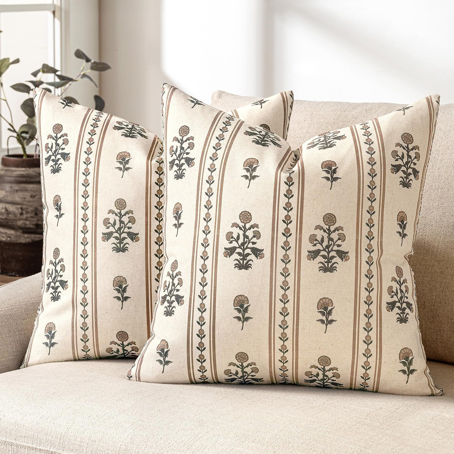 Striped Floral Throw Pillow Covers 18x18 Inch Set of 2 Brown | Amazon (US)