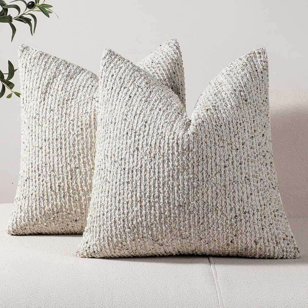 DEZENE Striped Throw Pillow Covers 22x22 Set of 2 Cream Grey Textured Boucle Chic Morden Boho Acc... | Amazon (US)