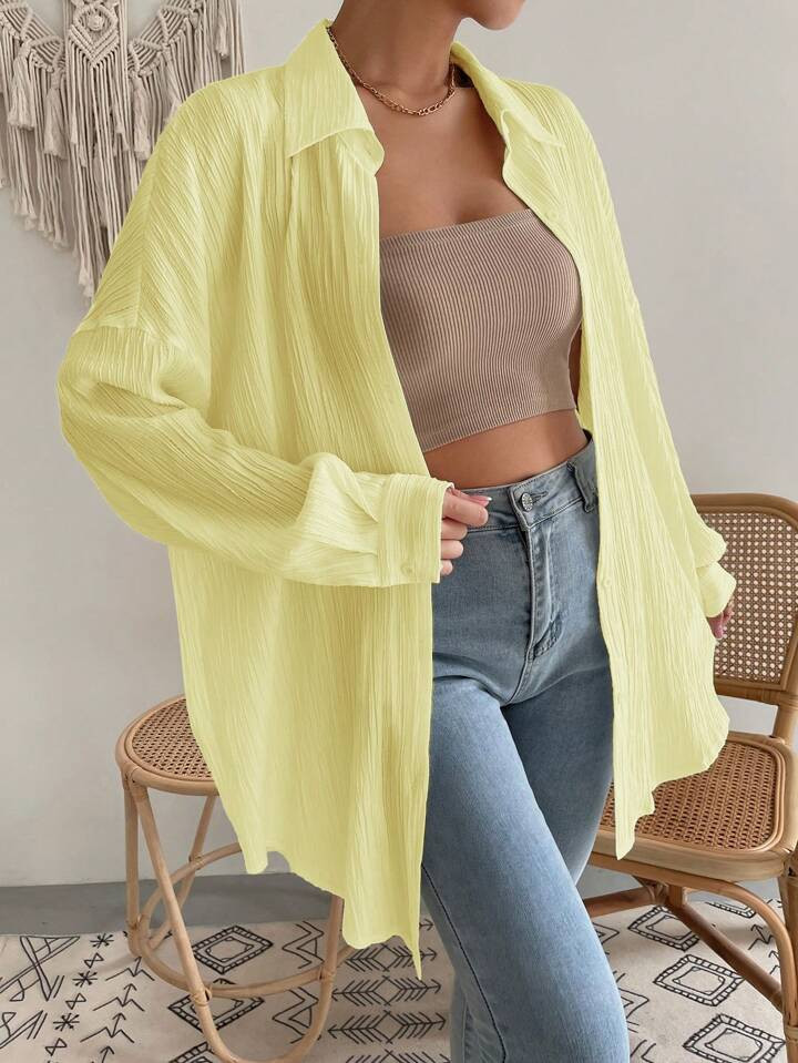 SHEIN EZwear Spring Casual Loose Texture Drop Shoulder Button Down Cardigan Shirt | SHEIN