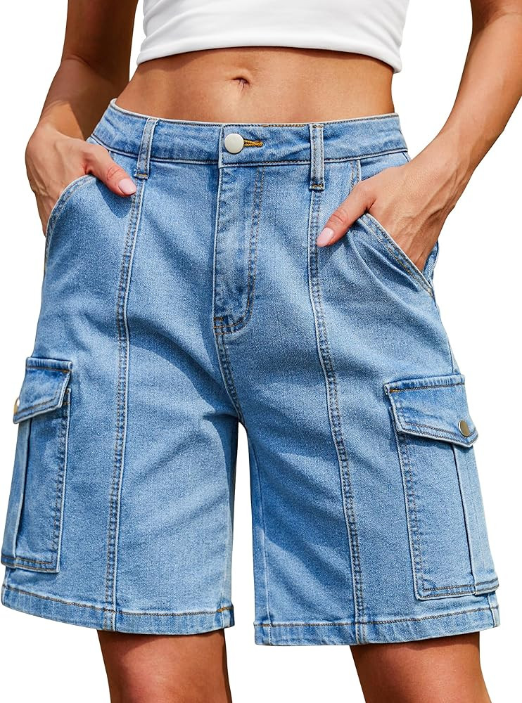 IWD Bermuda Cargo Denim Shorts for Women Knee Length 6 Pockets Elastic Waist Long Jorts for Summe... | Amazon (US)