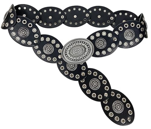 Womens Wide Western Cowboy Disc Belt Vintage Cowgirl Concho Leather Belts Boho Style for Jeans Dress Skirt | Amazon (US)