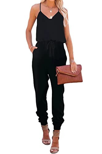 Lacozy Black Jumpsuits for Women Sexy V Neck Short Sleeve Jumpsuit Stretchy Beam Foot Long Overalls Rompers Black Large | Amazon (US)