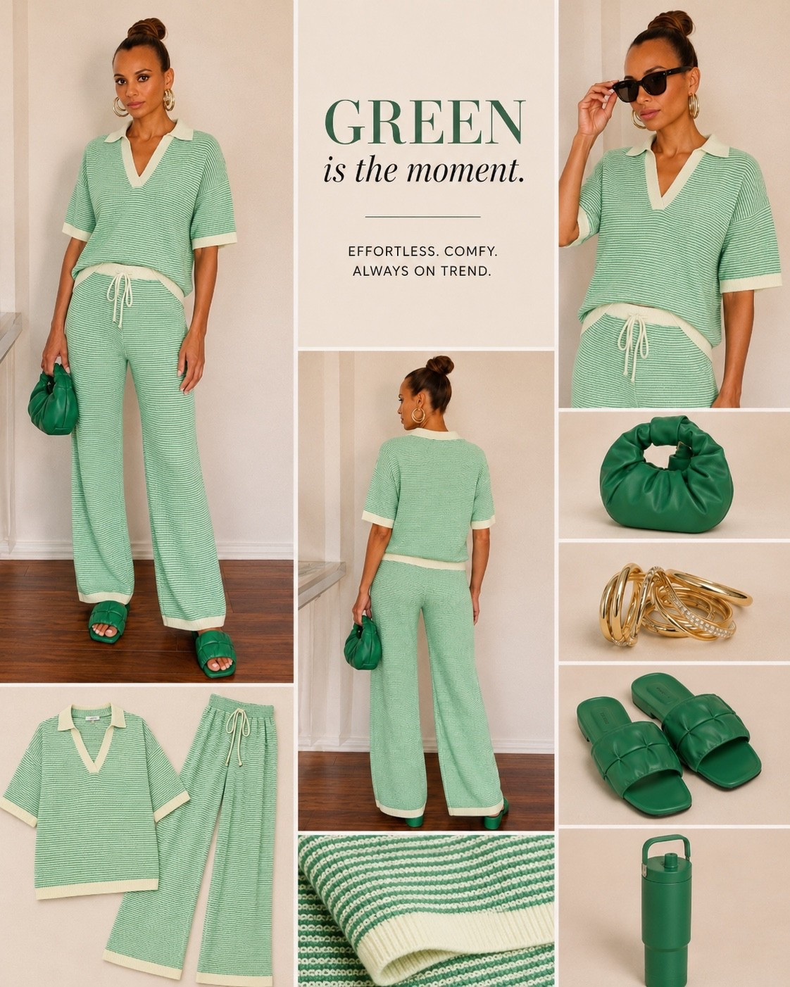 Green is having a moment 💚✨ This striped knit set is giving effortless, elevated comfort. I love the relaxed fit, contrast trim, and wide-leg pants—perfect for travel days, brunch, errands, or an easy weekend look.

Styled with green slides, a mini bag, and gold accessories for a monochrome finish.

Shop the look on LTK 💚

#LTKStyleTip #LTKFinds #AmazonFashion #MatchingSet #GreenOutfit #LoungeSet #CasualChic #TravelStyle #FashionInspo