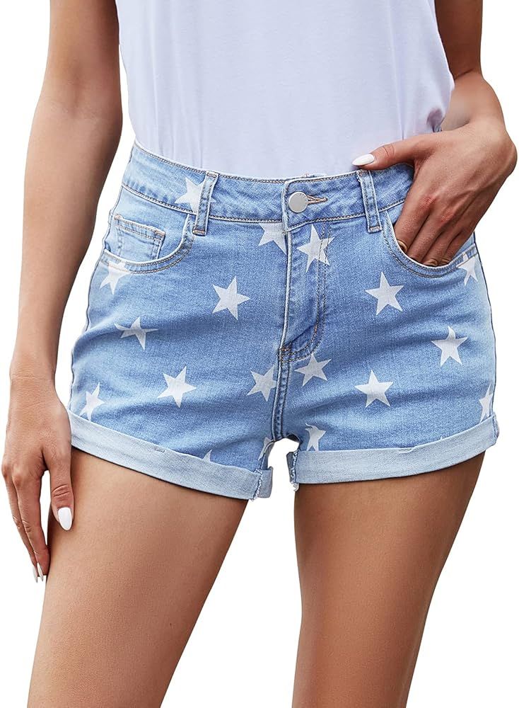 KISSMODA Women's Denim Shorts Folded Hem Casual Summer Short Rolled Jeans Stretchy Mid Waisted Ju... | Amazon (US)
