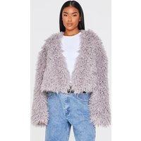 Grey Cropped Faux Fur Coat | PrettyLittleThing US