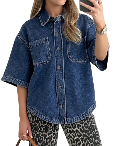 POTILI Women's Denim Shirt, Button Down Short Sleeve Jean Shirts Casual Top Outfits Trendy Dark Blue | Amazon (US)