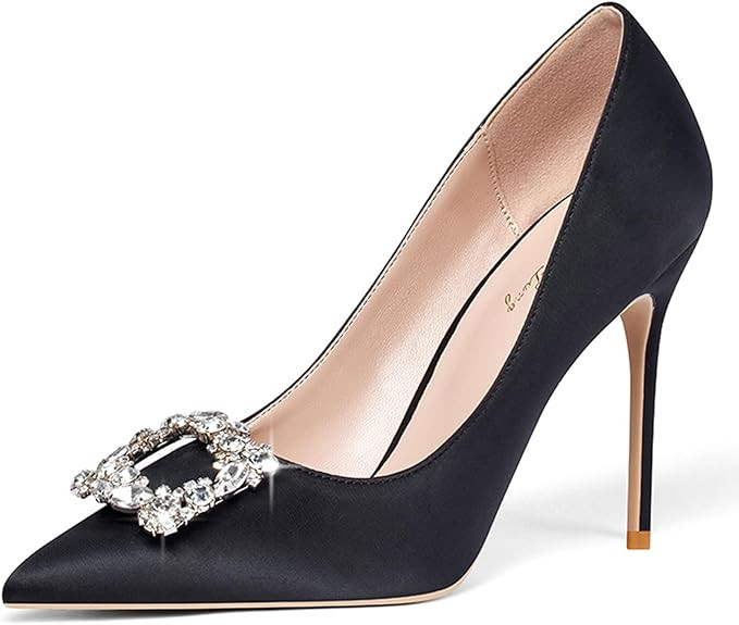 Elisabet Tang Women's Pumps 4 Inch Satin Glitter Rhinestone Heels for Women High Heels Closed Poi... | Amazon (US)
