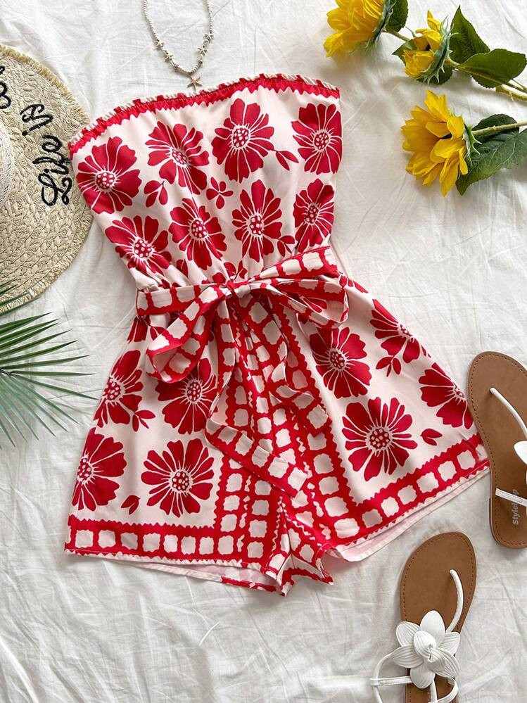 SHEIN WYWH Vacation Red & White Retro Print Halter Cropped Jumpsuit For Women | SHEIN