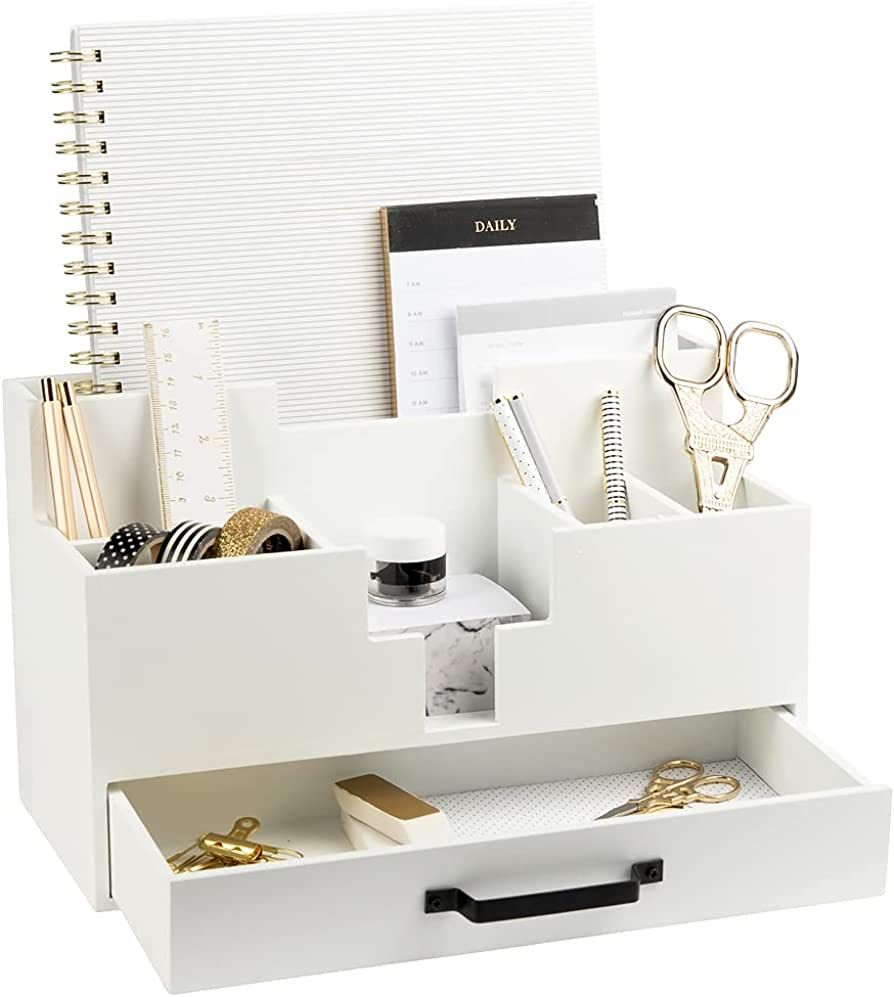 BLU MONACO Office Desk Accessories and Workspace Organizers Storage- White Wood Desk Organizer - ... | Amazon (US)