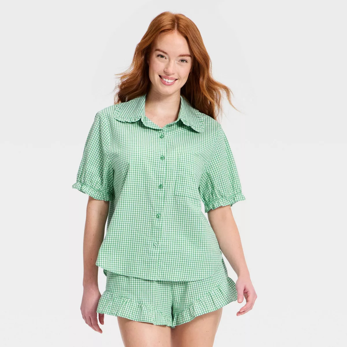 Women's Mommy & Me Ruffle Short Sleeve Notch Collar Shirt and Shorts Pajama Set - Auden™ Green ... | Target