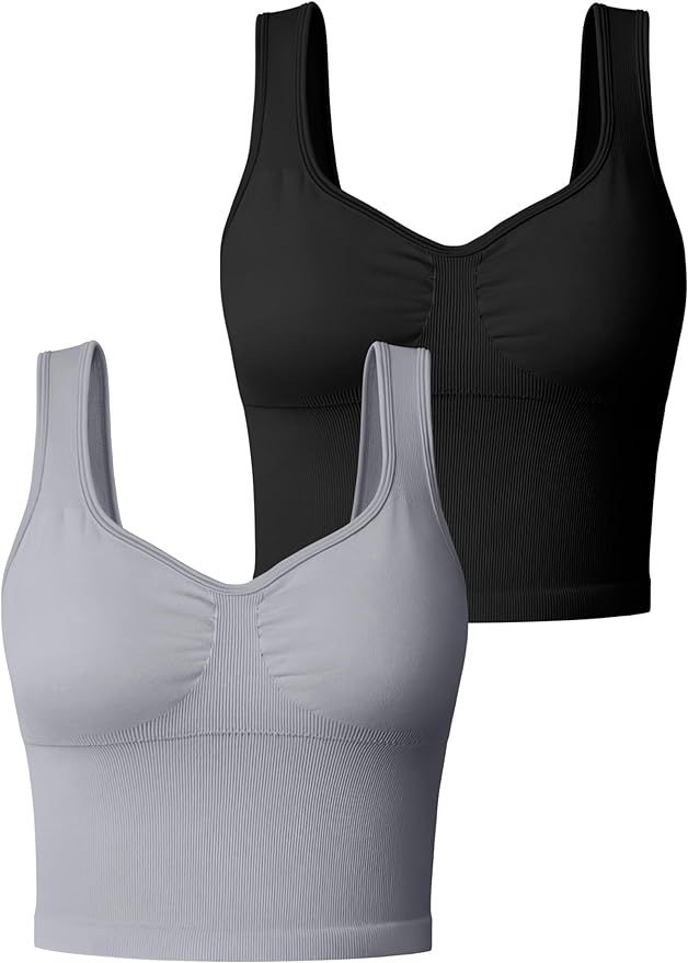 OQQ Women' 2 Piece Tank Tops Seamless Workout Exercise Shirts Padded Sports Bra Yoga Crop Tops | Amazon (US)