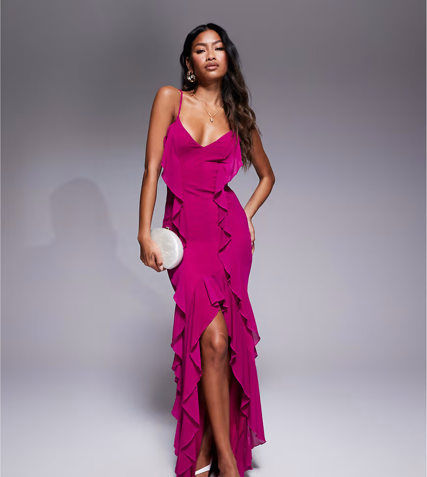 Murci exclusive ruffle detail cami front slit maxi dress in dark pink-Purple | ASOS (Global)