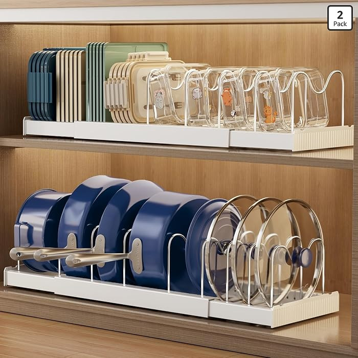 2 Pack Expandable Food Storage Container Lid Organizers, 22" Pots and Pans Organizer Under Cabine... | Amazon (US)