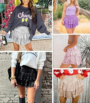 Women Sequin Skirt Sparkly Cute High Waist Ruffle Flowy Shiny Glitter Mini Short Skirts Night Out... | Amazon (US)