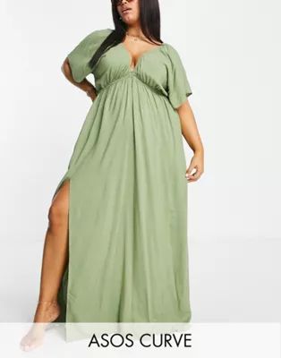 ASOS DESIGN Curve recycled flutter sleeve maxi beach dress in khaki | ASOS (Global)