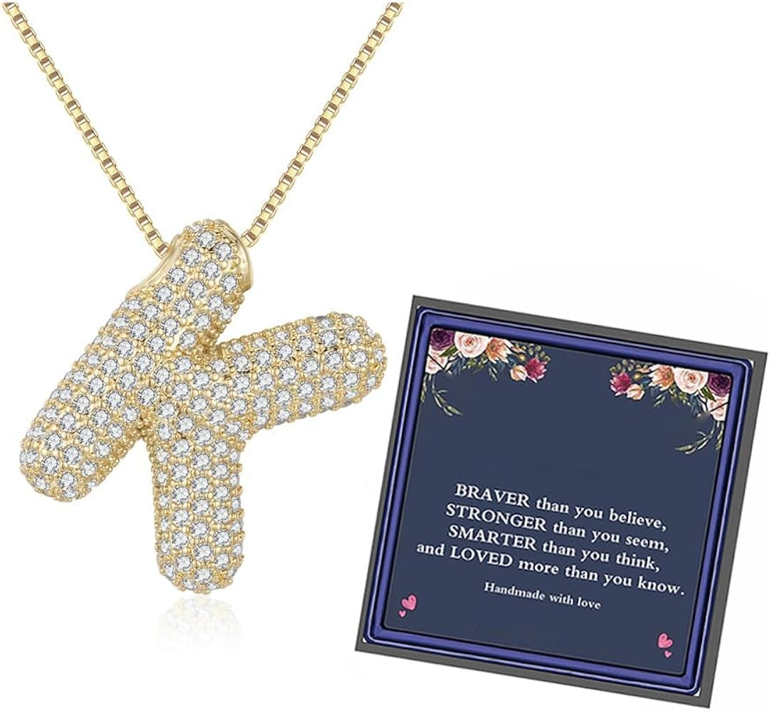Bubble Letter Necklace Gold for Women，Charm Balloon Initial Letter Pendant Zirconia Inlaid Neck... | Amazon (US)
