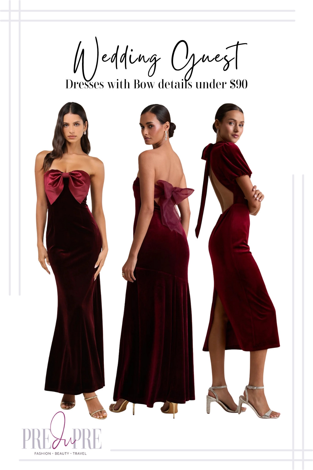 For a touch of inspired romance and modern femininity, say yes to the bow detail! This elegant trend is perfect for making a stylish statement at any formal event. We've found three stunning burgundy velvet dresses under $90 that feature this beautiful accent: a gorgeous strapless gown with a large front bow, a dramatic low-back dress with an oversized silk bow, and a midi dress with chic puff sleeves and a back tie. Shop these captivating dresses now!

#bowdress #weddinggueststyle #holidaydress #burgundydress #velvet #romanticstyle #formaldress #affordablefashion #preduprestyle #femininefashion 

 #LTKParties #LTKFindsUnder100 #LTKWedding
