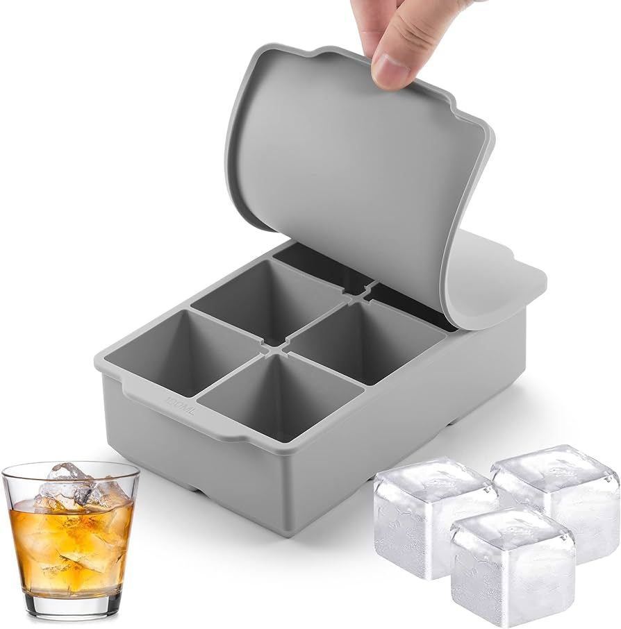 Large Ice Cube Tray with Lid, Stackable Big Silicone Square Ice Cube Mold for Whiskey Cocktails B... | Amazon (US)
