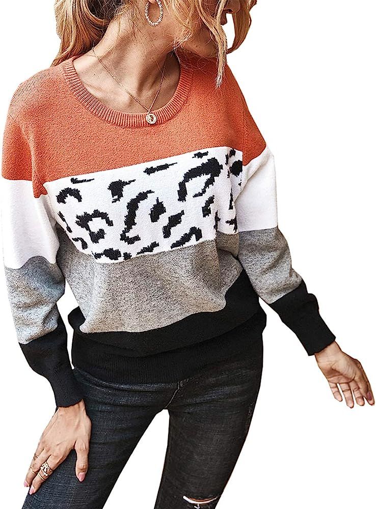 Women’s Casual Long Sleeve Off Shoulder Knitted Sweater Leopard Print Color Block Loose Pullove... | Amazon (US)