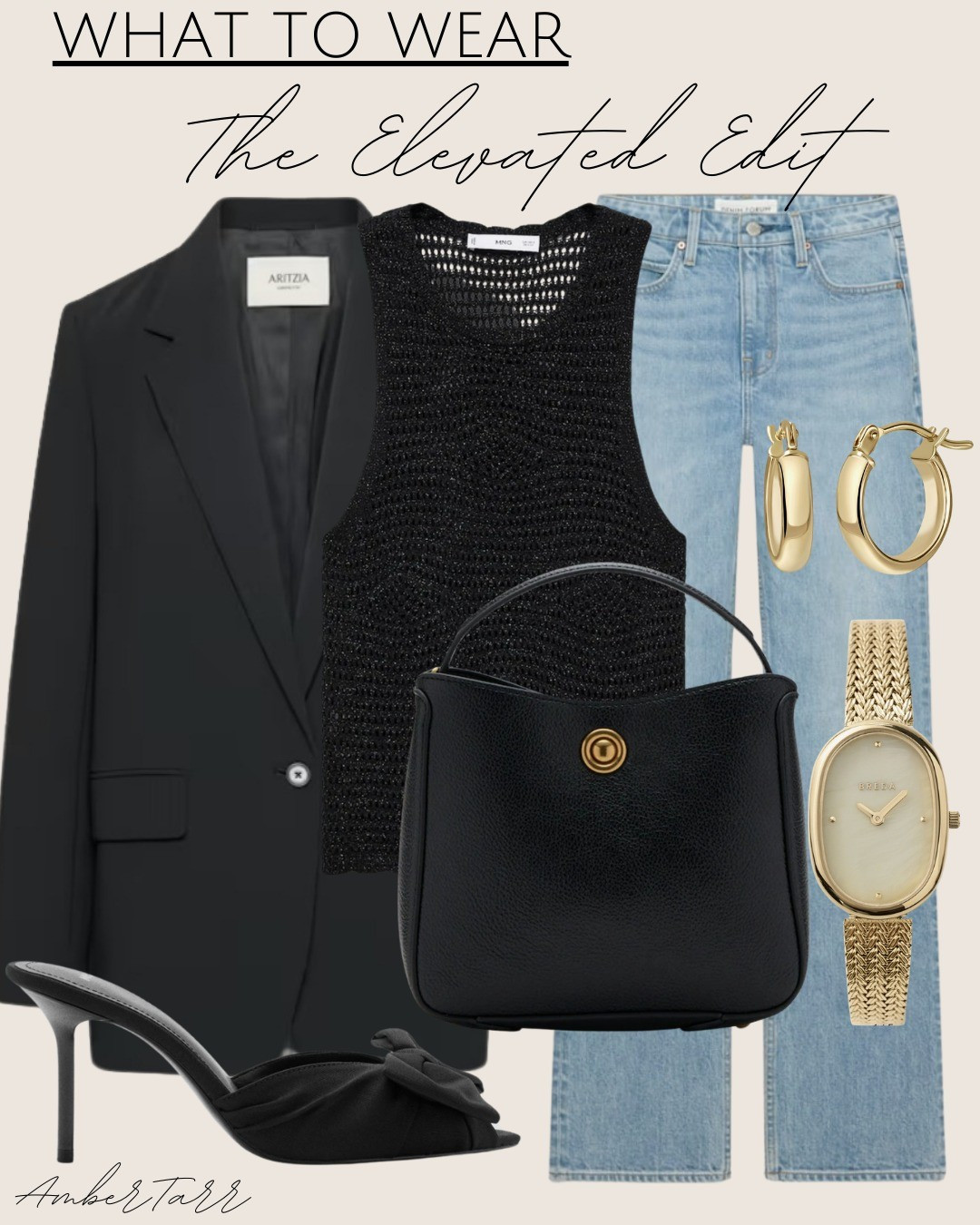 A classic elevated outfit with a tailored black blazer, textured sleeveless top, straight-leg denim, and black heeled mules. Finished with a structured black handbag and gold jewelry for a chic, timeless, designer-inspired look that works for everyday, dinner, or casual meetings.

#LTKgrwm #LTKootd #LTKOver40